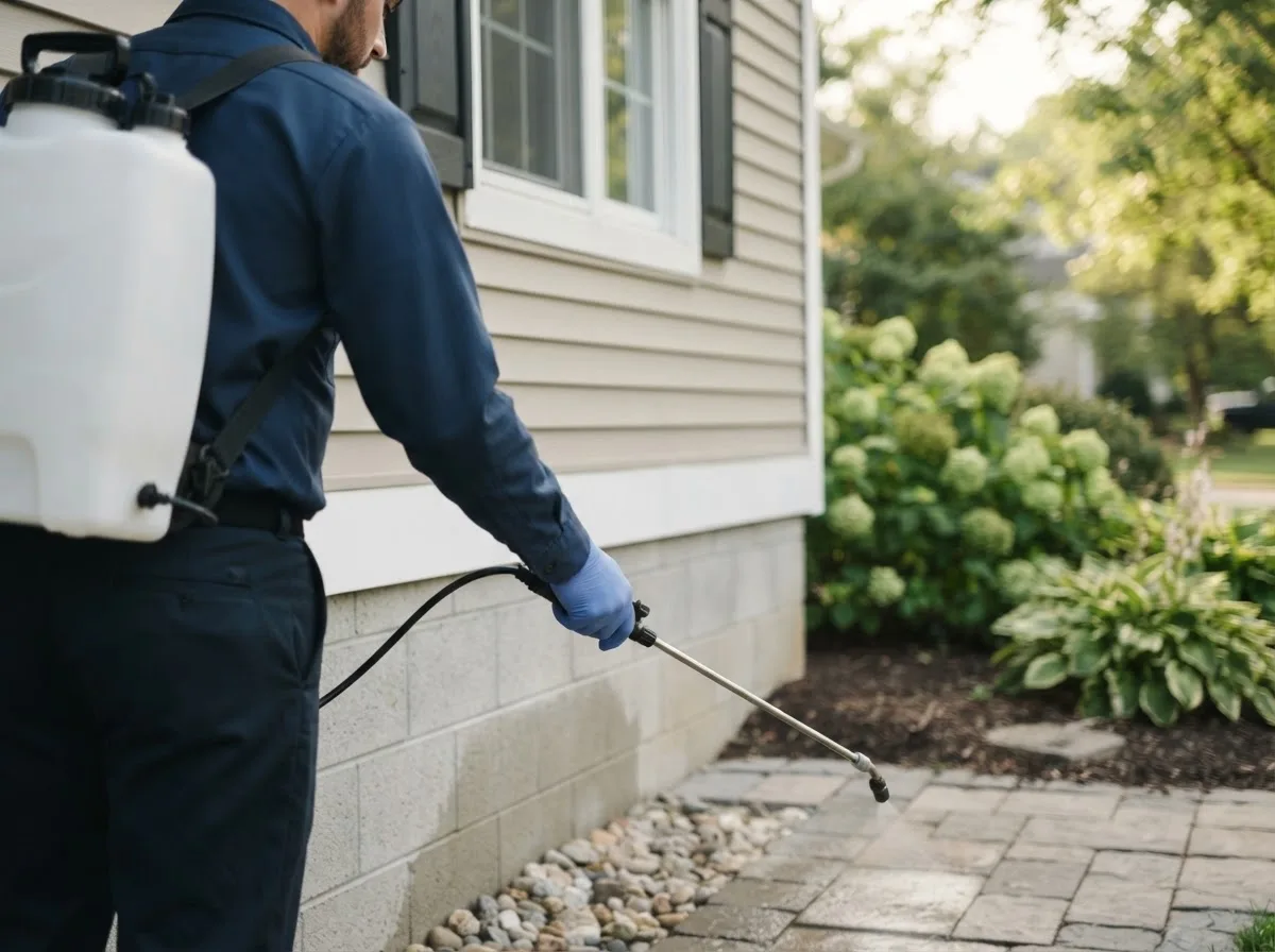 Pest control technician inspecting a home in Levels, WV